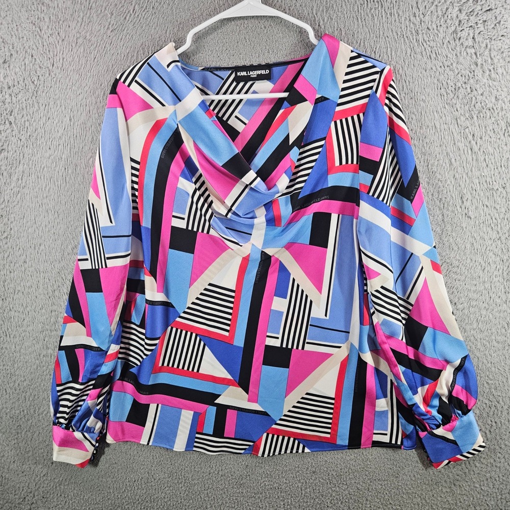 Karl Lagerfeld Paris Womens Geometric Cowl Neck Blouse Pink Blue Long SLV Size S